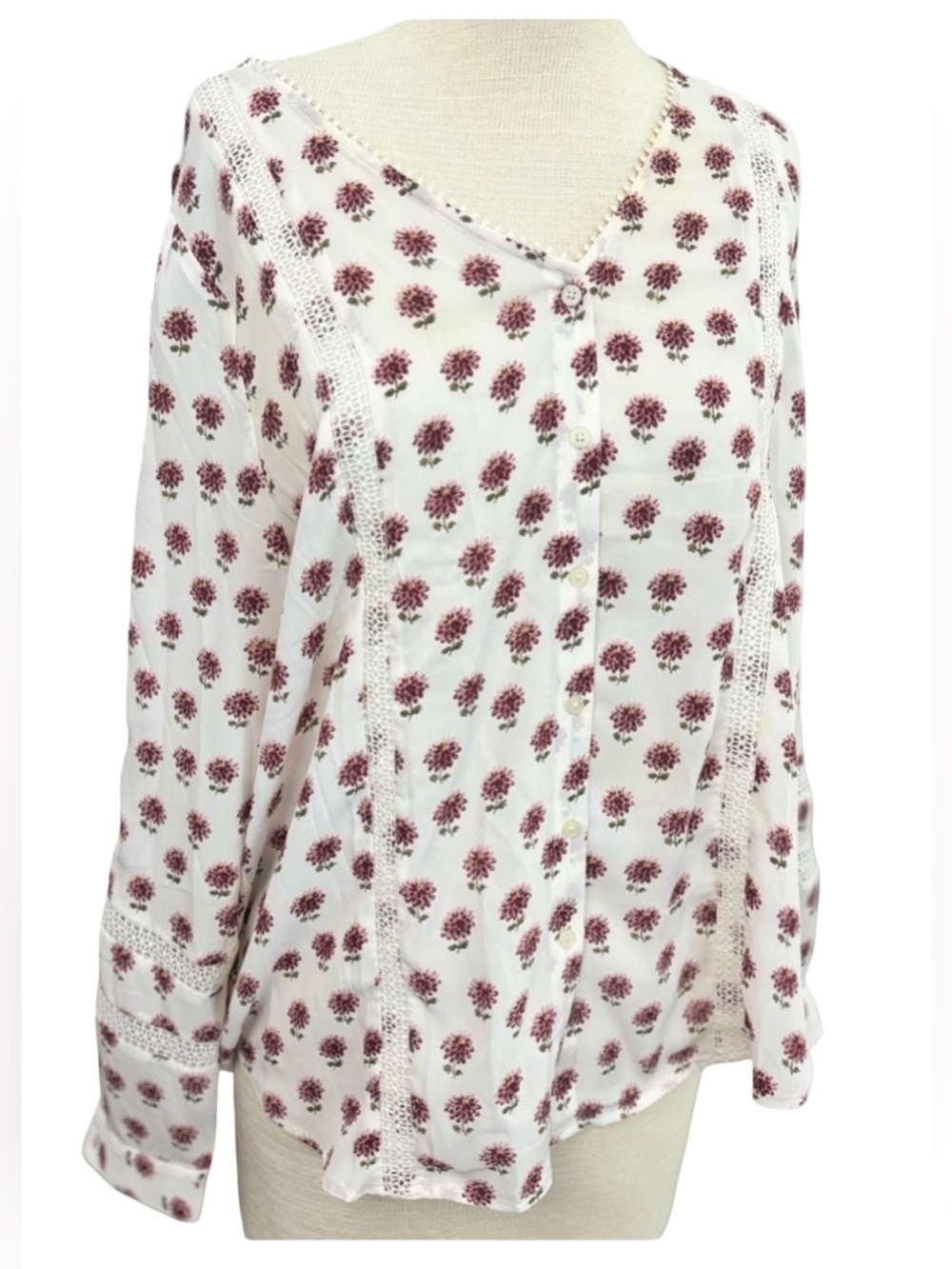 LOFT Cream Floral Blouse Women’s Size L Long Sleeve Flowy Top